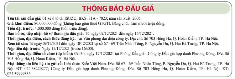 Ngày 17/12/2021, đấu giá xe ô tô Isuzu tại Hà Nội ảnh 1