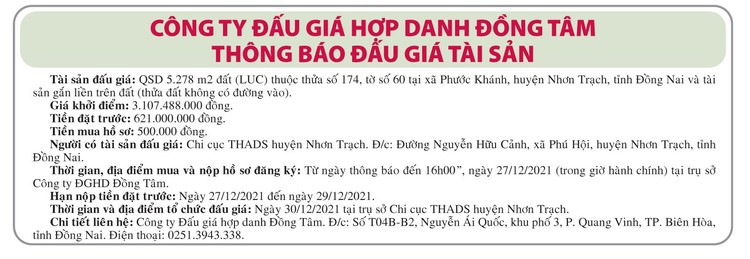 Ngày 30/12/2021, đấu giá quyền sử dụng đất tại huyện Nhơn Trạch, tỉnh Đồng Nai ảnh 1
