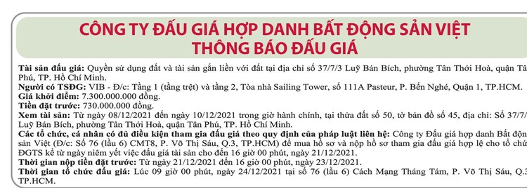 Ngày 24/12/2021, đấu giá quyền sử dụng đất tại quận Tân Phú, TP.HCM ảnh 1