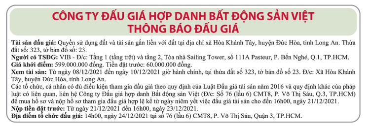 Ngày 24/12/2021, đấu giá quyền sử dụng đất tại huyện Đức Hòa, tỉnh Long An ảnh 1