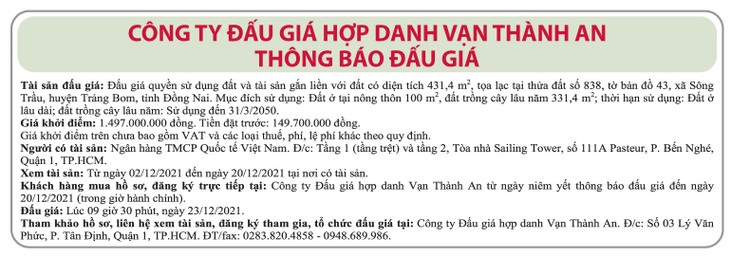 Ngày 23/12/2021, đấu giá quyền sử dụng đất tại huyện Trảng Bom, tỉnh Đồng Nai ảnh 1