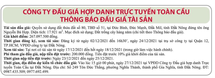 Ngày 27/12/2021, đấu giá quyền sử dụng đất tại huyện Đắk Mil, tỉnh Đắk Nông ảnh 1
