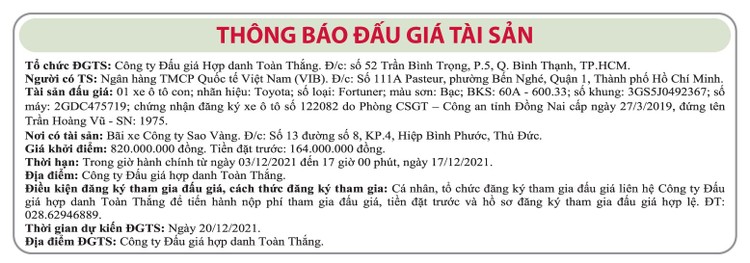 Ngày 20/12/2021, đấu giá xe ô tô Toyota tại TP.HCM ảnh 1