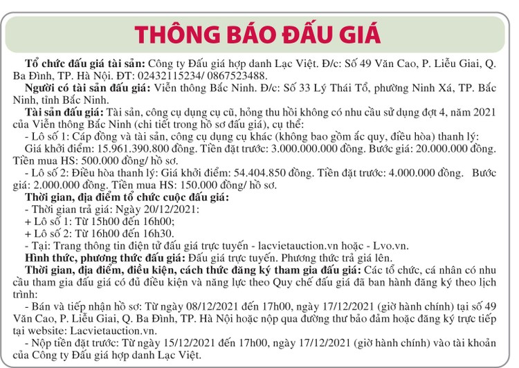 Ngày 20/12/2021, đấu giá cáp đồng và công cụ, dụng cụ tại tỉnh Bắc Ninh ảnh 1