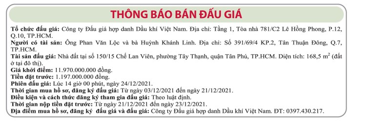Ngày 24/12/2021, đấu giá quyền sử dụng đất tại quận Tân Phú, TP.HCM ảnh 1