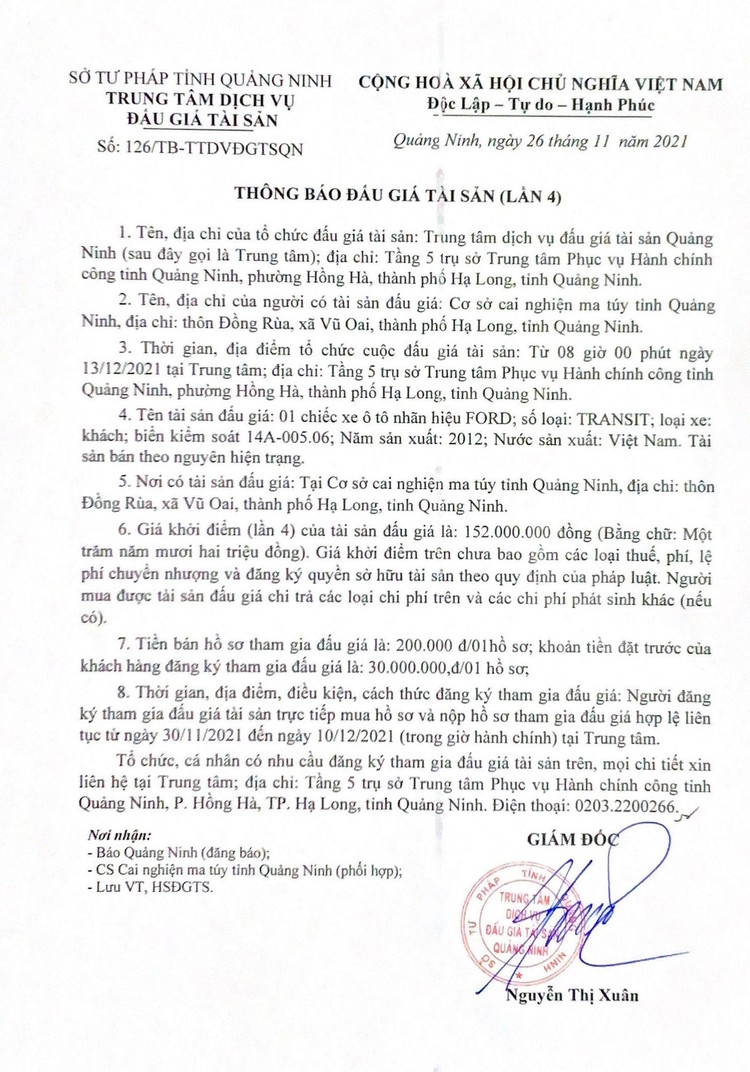 Ngày 13/12/2021, đấu giá xe ô tô FORD TRANSIT tại tỉnh Quảng Ninh ảnh 2