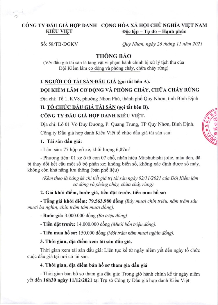 Ngày 15/12/2021, đấu giá 77 hộp gỗ xẻ và xe ô tô Mitshubishi jolie tại tỉnh Bình Định ảnh 2