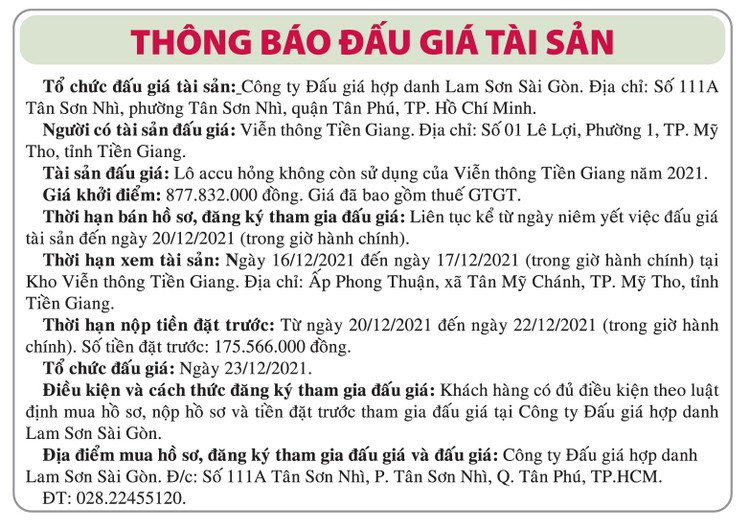Ngày 23/12/2021, đấu giá lô accu hỏng tại tỉnh Tiền Giang ảnh 1