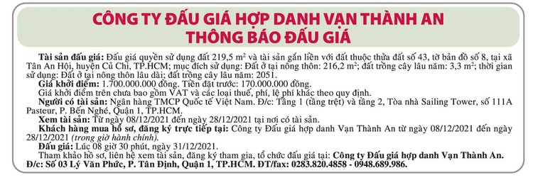 Ngày 31/12/2021, đấu giá quyền sử dụng đất tại huyện Củ Chi, TP.HCM ảnh 1