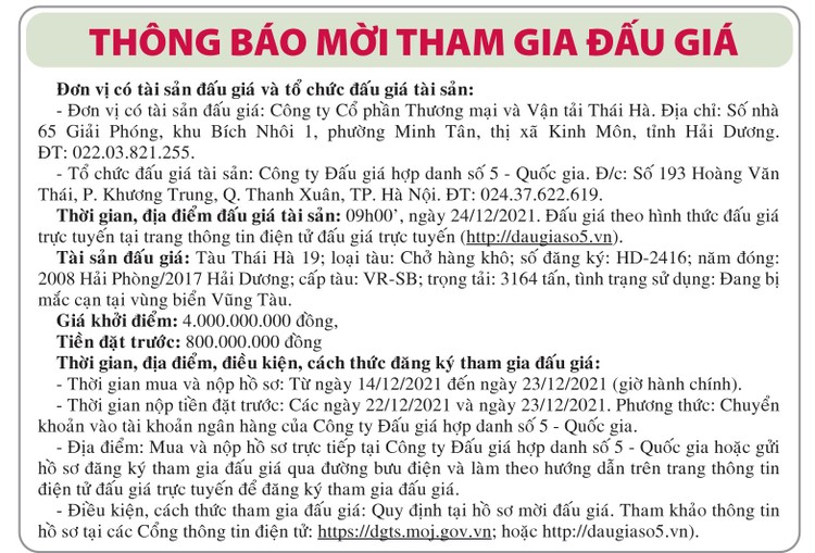 Ngày 24/12/2021, đấu giá tàu Thái Hà 19 tại tỉnh Bà Rịa -Vũng Tàu ảnh 1