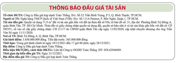 Ngày 31/12/2021, đấu giá quyền sử dụng đất tại quận Bình Tân, TP.HCM ảnh 1