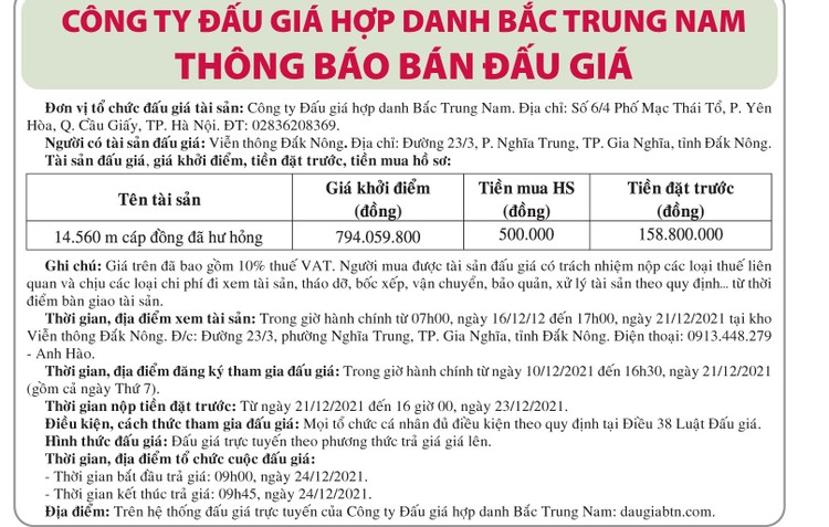 Ngày 24/12/2021, đấu giá 14.560 m cáp đồng tại tỉnh Đắk Nông ảnh 1