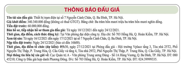 Ngày 27/12/2021, đấu giá thiết bị trạm điện tại Hà Nội ảnh 1