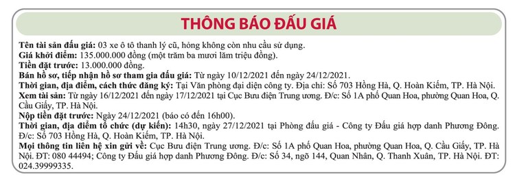 Ngày 27/12/2021, đấu giá 3 xe ô tô thanh lý tại Hà Nội ảnh 1