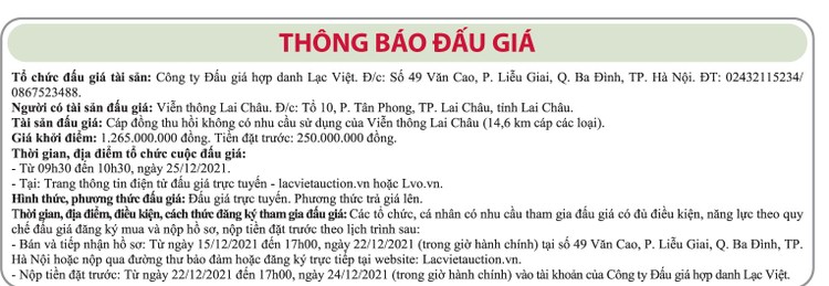 Ngày 25/12/2021, đấu giá cáp đồng thu hồi tại tỉnh Lai Châu ảnh 1