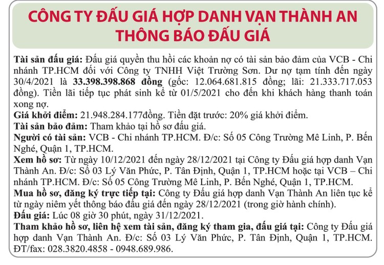 Ngày 31/12/2021, đấu giá quyền thu hồi các khoản nợ của VCB – Chi nhánh TP.HCM đối với Công ty TNHH Việt Trường Sơn ảnh 1