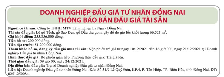 Ngày 24/12/2021, đấu giá lô hỗ Tếch, gỗ Sao Đen tại tỉnh Đồng Nai ảnh 1