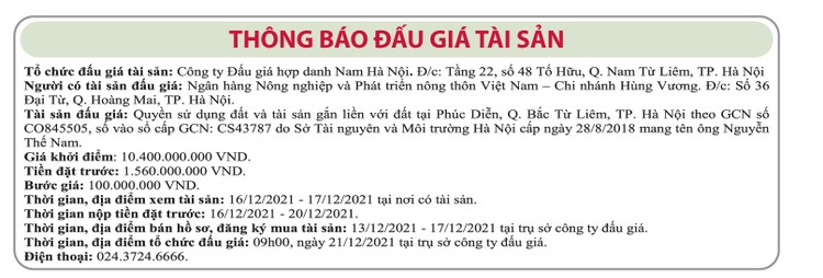 Ngày 21/12/2021, đấu giá quyền sử dụng đất tại quận Bắc Từ Liêm, Hà Nội ảnh 1
