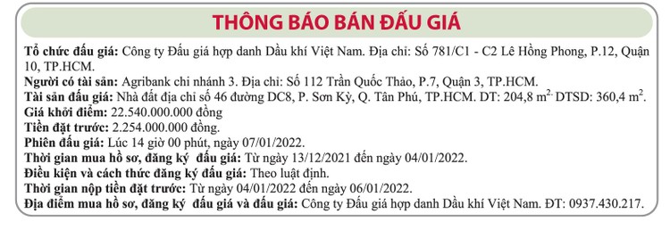 Ngày 7/1/2022, đấu giá quyền sử dụng đất tại quận Tân Phú, TP.HCM ảnh 1