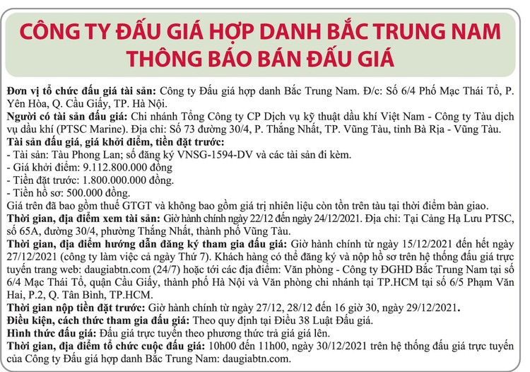 Ngày 30/12/2021, đấu giá tàu Phong Lan tại tỉnh Bà Rịa – Vũng Tàu ảnh 1
