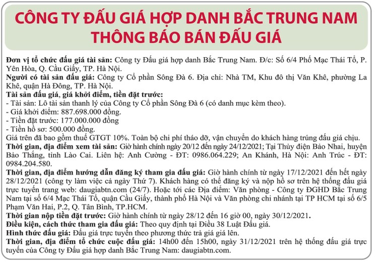 Ngày 31/12/2021, đấu giá tài sản thanh lý tại tỉnh Lào Cai ảnh 1