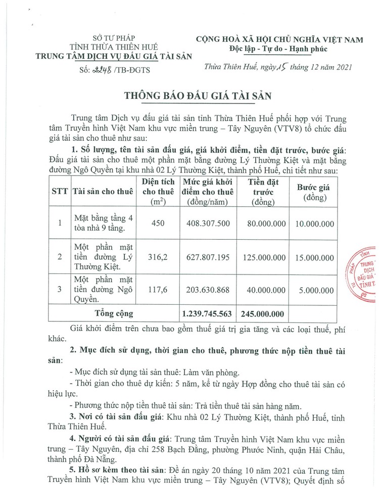 Ngày 13/1/2022, đấu giá cho thuê mặt bằng tại TP. Huế, tỉnh Thừa Thiên Huế ảnh 2