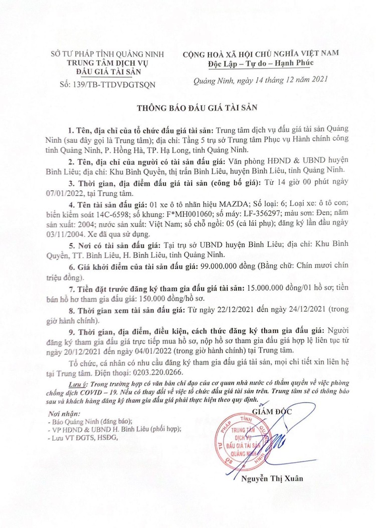Ngày 7/1/2022, đấu giá xe ô tô Mazda 6 tại tỉnh Quảng Ninh ảnh 2