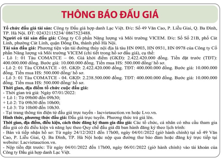 Ngày 7/1/2022, đấu giá phương tiện vận tải đường thủy nội địa tại Hà Nội ảnh 1