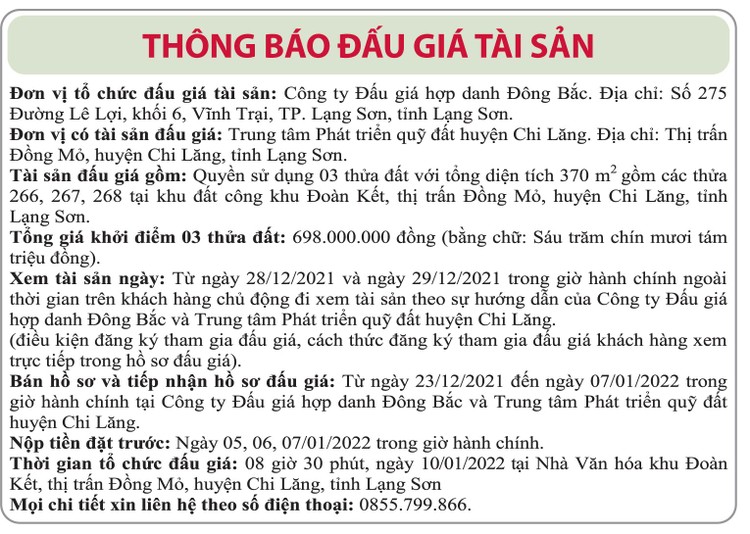 Ngày 10/1/2022, đấu giá quyền sử dụng 3 thửa đất tại huyện Chi Lăng, tỉnh Lạng Sơn ảnh 1