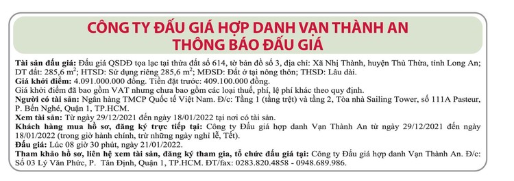 Ngày 21/1/2022, đấu giá quyền sử dụng đất tại huyện Thủ Thừa, tỉnh Long An ảnh 1