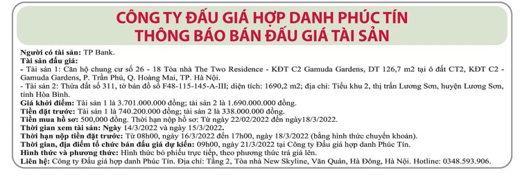 Ngày 21/3/2022, đấu giá quyền sử dụng đất và căn hộ chung cư tại huyện Lương Sơn (tỉnh Hòa Bình) và quận Hoàng Mai (Hà Nội) ảnh 1