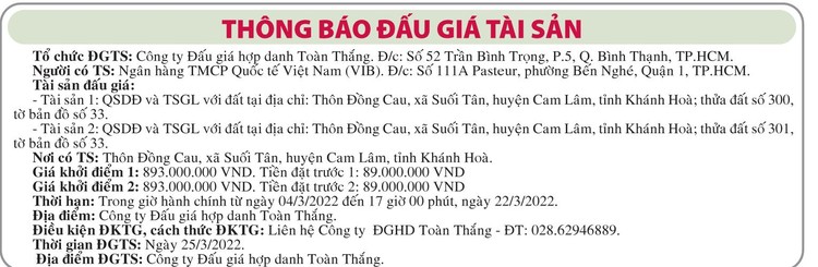 Ngày 25/3/2022, đấu giá quyền sử dụng đất tại huyện Cam Lâm, tỉnh Khánh Hòa ảnh 1