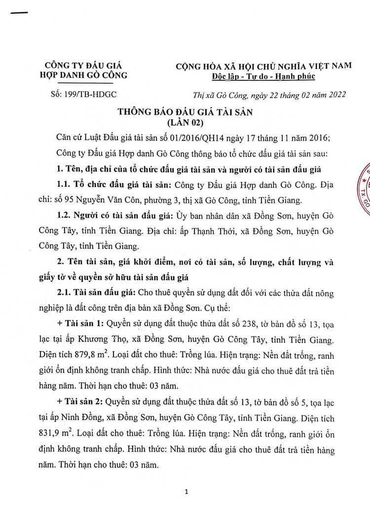 Ngày 24/3/2022, đấu giá quyền sử dụng đất tại huyện Gò Công Tây, tỉnh Tiền Giang ảnh 2