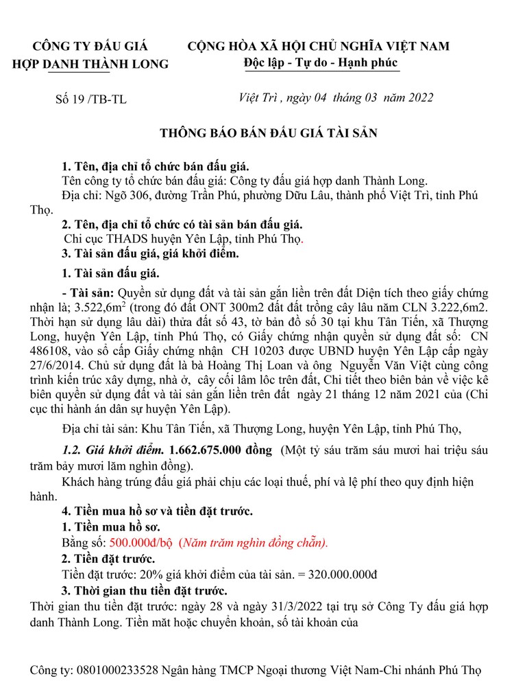 Ngày 7/4/2022, đấu giá quyền sử dụng đất tại huyện Yên Lập, tỉnh Phú Thọ ảnh 2