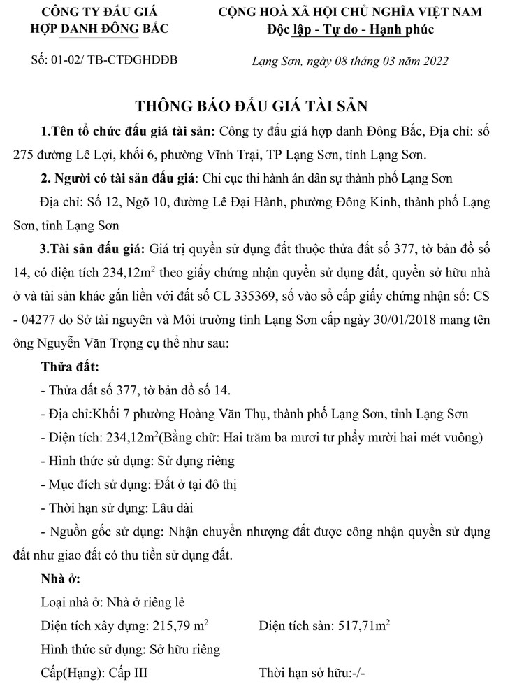 Ngày 31/3/2022, đấu giá quyền sử dụng đất tại thành phố Lạng Sơn, tỉnh Lạng Sơn ảnh 2