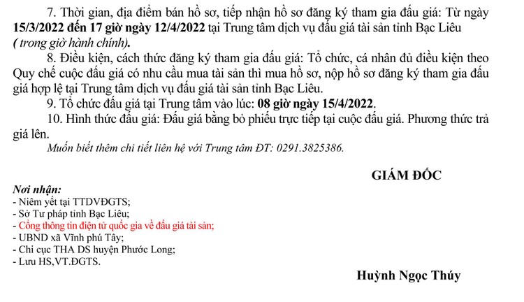 Ngày 15/4/2022, đấu giá quyền sử dụng đất tại huyện Phước Long, tỉnh Bạc Liêu ảnh 3