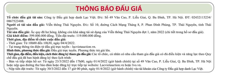Ngày 4/4/2022, đấu giá ắc quy hư hỏng tại tỉnh Thái Nguyên ảnh 1