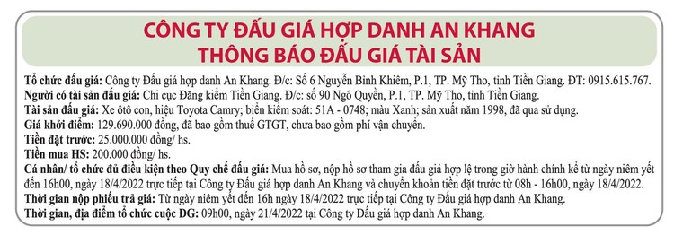 Ngày 21/4/2022, đấu giá xe ô tô Toyota tại, tỉnh Tiền Giang ảnh 1