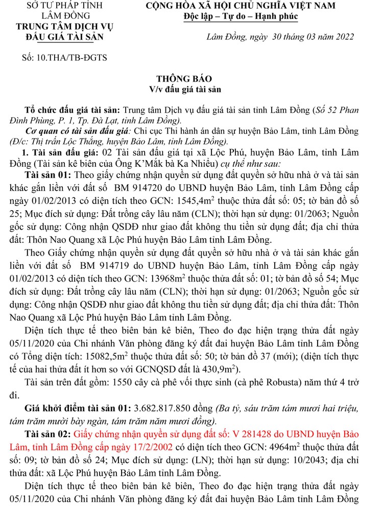 Ngày 22/4/2022, đấu giá quyền sử dụng đất tại huyện Bảo Lâm, tỉnh Lâm Đồng ảnh 3