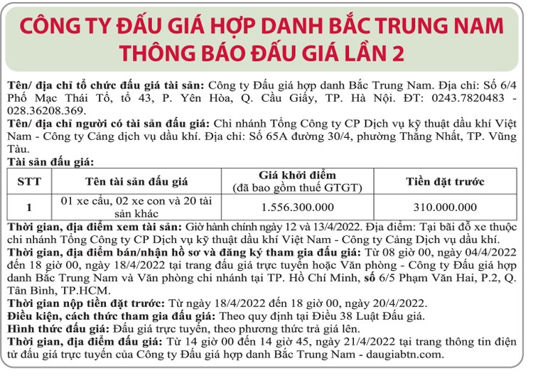 Ngày 21/4/2022, đấu giá 1 xe cẩu, 2 xe con và 20 tài sản khác tại tỉnh Bà Rịa – Vũng Tàu ảnh 1