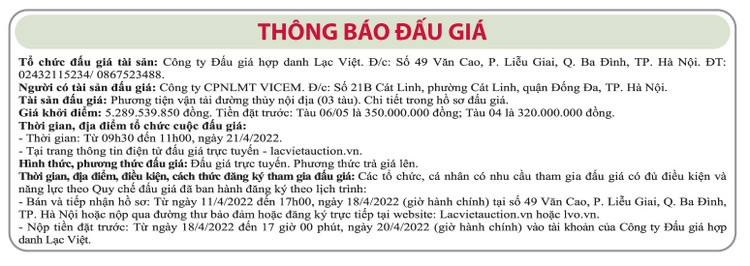 Ngày 21/4/2022, đấu giá phương tiện vận tải đường thủy tại Hà Nội ảnh 1