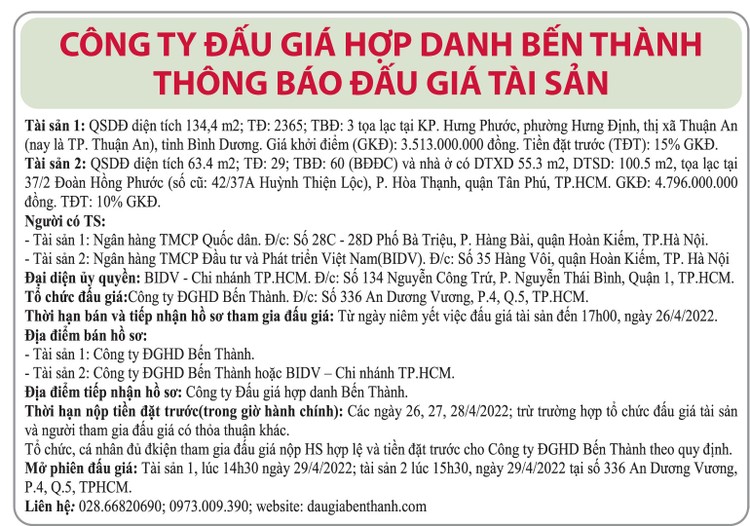 Ngày 29/4/2022, đấu giá quyền sử dụng đất tại TP.Thuận An, tỉnh Bình Dương ảnh 1