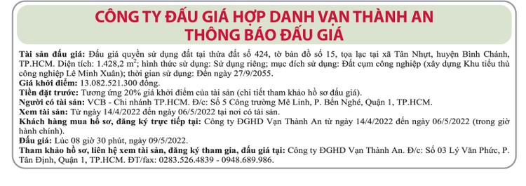 Ngày 9/5/2022, đấu giá quyền sử dụng đất tại huyện Bình Chánh, TP.HCM ảnh 1