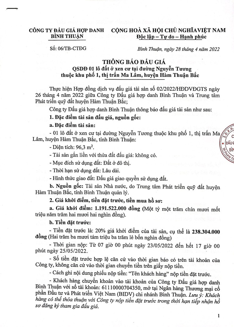 Ngày 26/5/2022, đấu giá quyền sử dụng đất tại huyện Hàm Thuận Bắc, tỉnh Bình Thuận ảnh 2