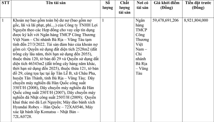 Ngày 17/5/2022, đấu giá khoản nợ của Công ty TNHH Lợi Nguyên vay tại Vietinbank – Chi nhánh Bà Rịa – Vũng Tàu ảnh 1