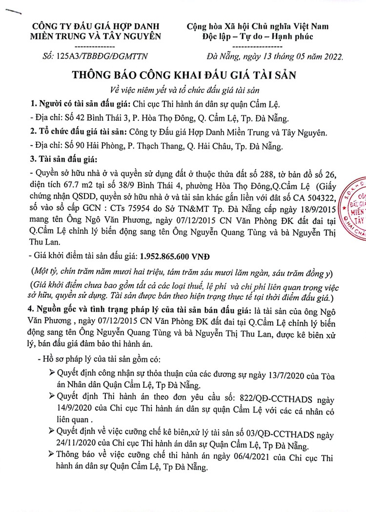 Ngày 10/6/2022, đấu giá quyền sử dụng đất tại quận Cẩm Lệ, thành phố Đà Nẵng ảnh 2