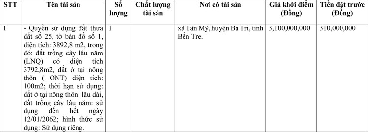 Ngày 8/6/2022, đấu giá quyền sử dụng đất tại huyện Ba Tri, tỉnh Bến Tre ảnh 1