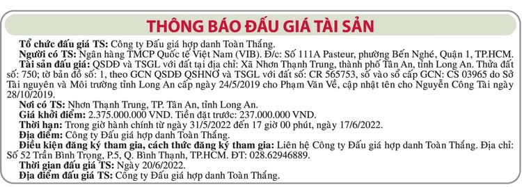 Ngày 20/6/2022, đấu giá quyền sử dụng đất tại TP. Tân An, tỉnh Long An ảnh 1