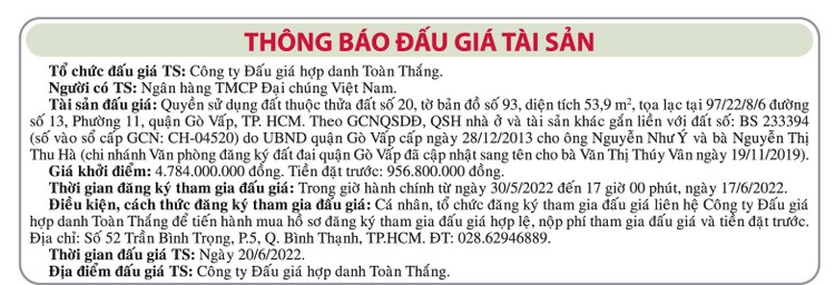 Ngày 20/6/2022, đấu giá quyền sử dụng đất tại quận Gò Vấp, TP.HCM ảnh 1