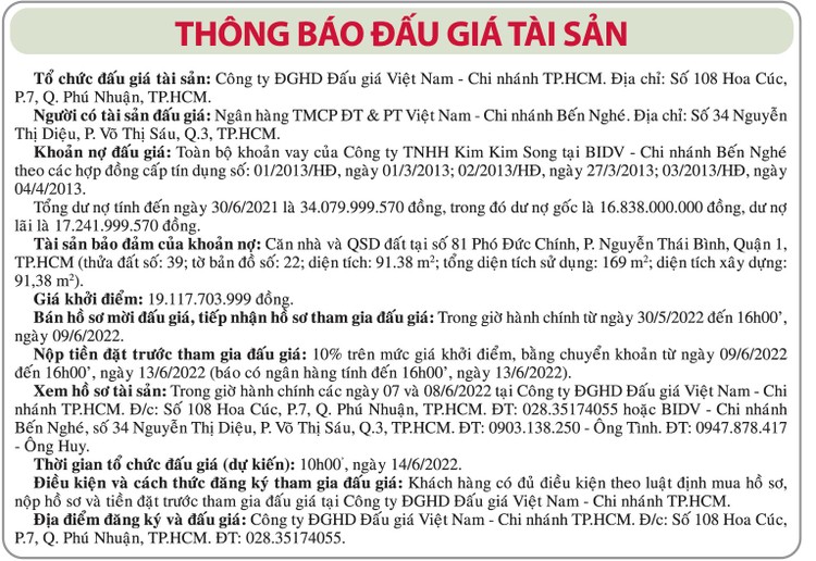 Ngày 14/6/2022, đấu giá toàn bộ khoản vay của Công ty TNHH Kim Kim Song tại BIDV chi nhánh Bến Nghé ảnh 1